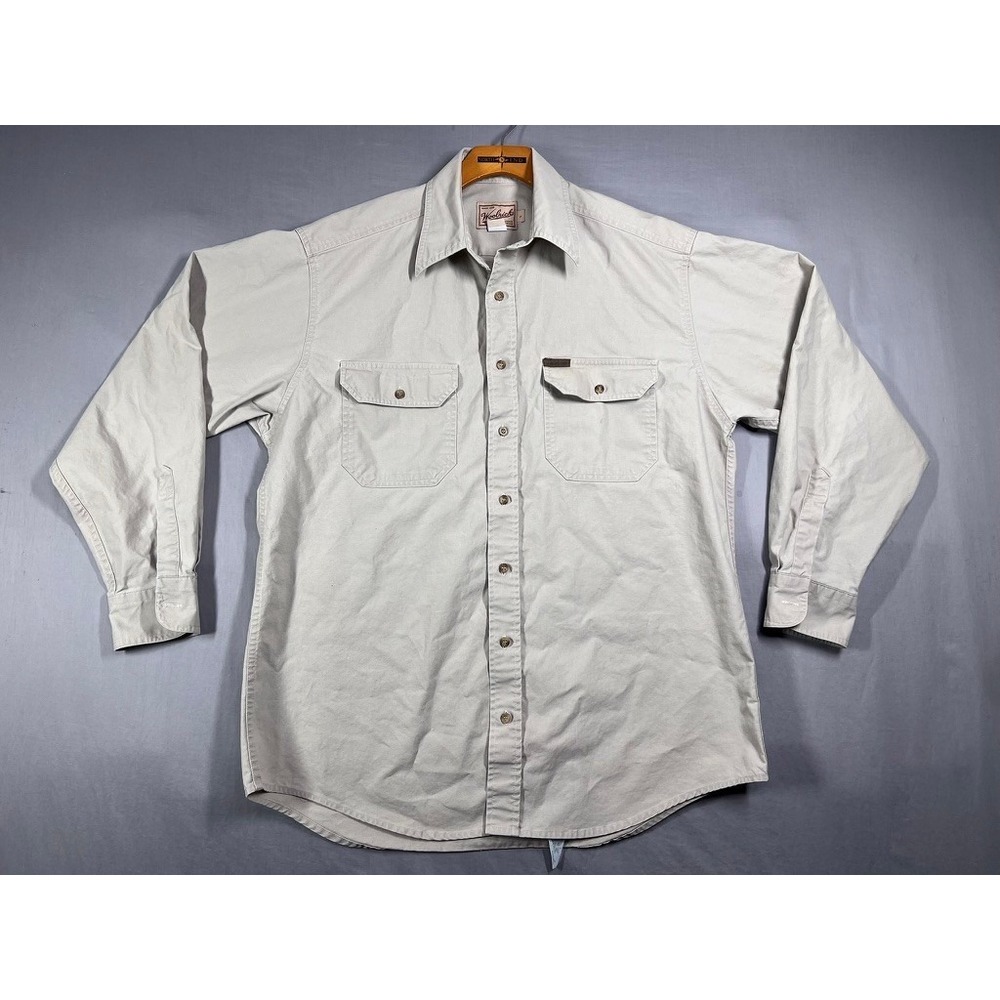 Woolrich Mens Large Tan Khaki Cotton Rugged Outdoorwear Button Down Work Shirt